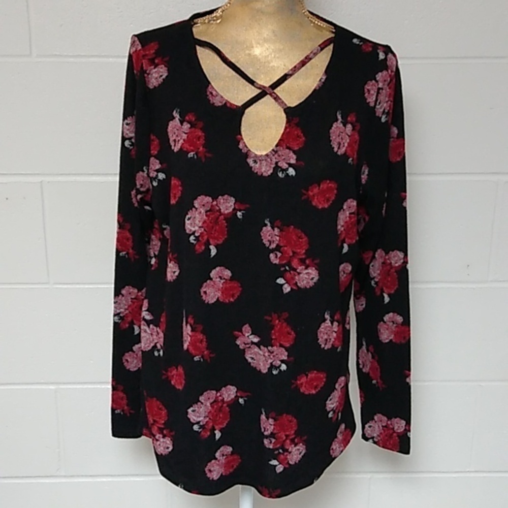 24/7 ROSE FLORAL FINE GAUGE KNIT SWEATER TUNIC TOP COTTAGECORE